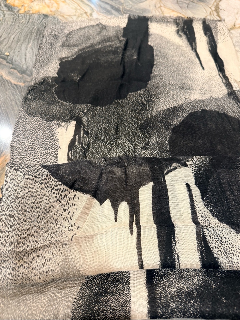 Eileen Fisher Black Ivory Abstract Scarf Wrap Shawl OS - Picture 4 of 8
